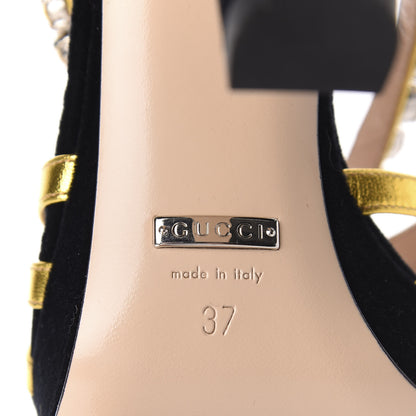 Gucci Velvet Nappa Crystal Zephyra Slingback Platform High Heel Sandals 37 Black Gold 8 of 9