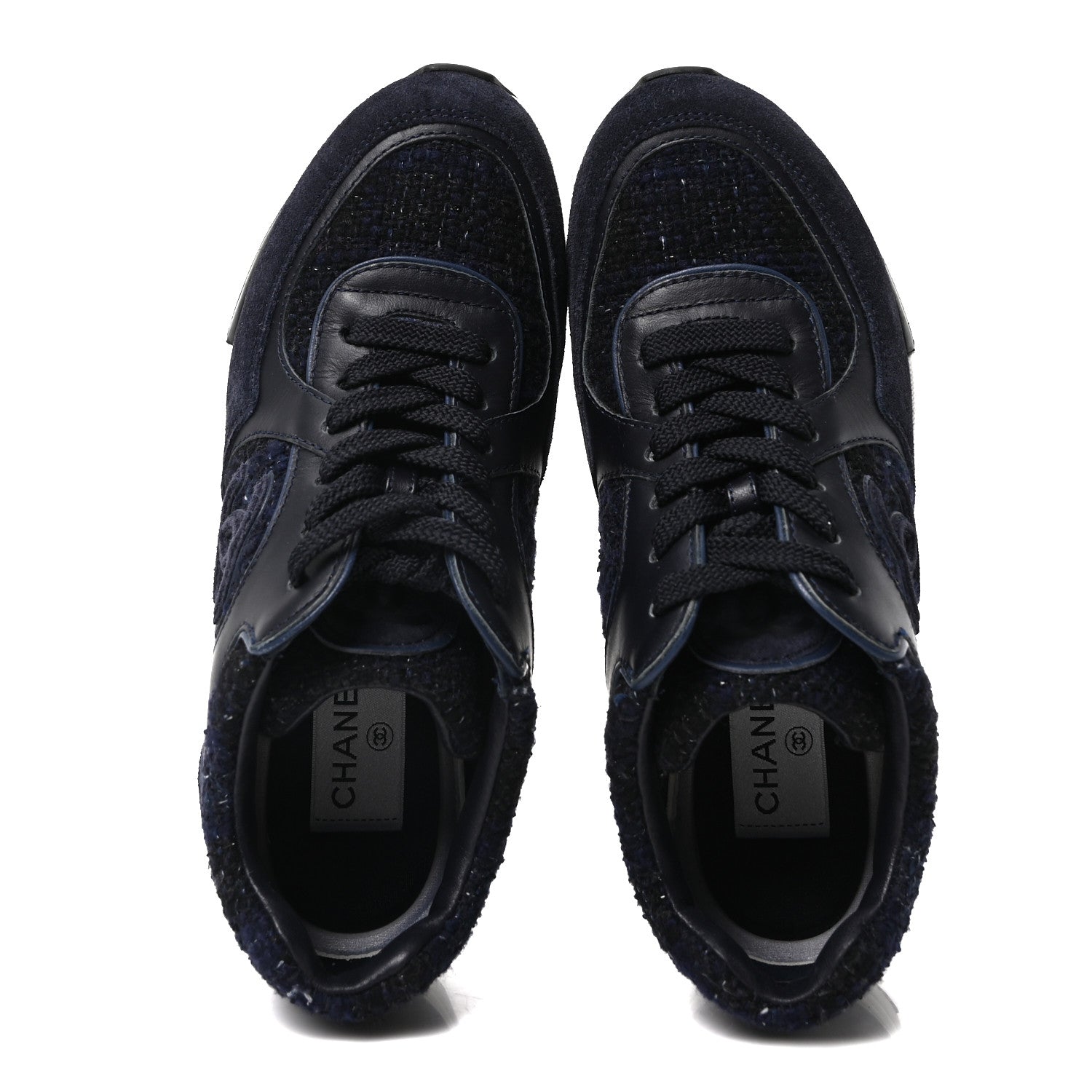 Chanel Iridescent Wool Tweed Suede Womens CC Sneakers 36 Navy Black White 2 of 9
