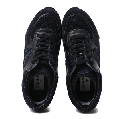 Chanel Iridescent Wool Tweed Suede Womens CC Sneakers 36 Navy Black White 2 of 9