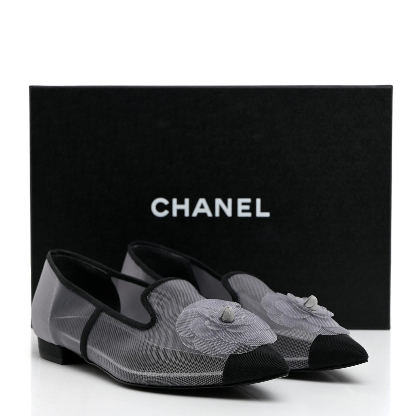 Mesh Grosgrain Camellia Mocassin Loafers 36 Grey Black