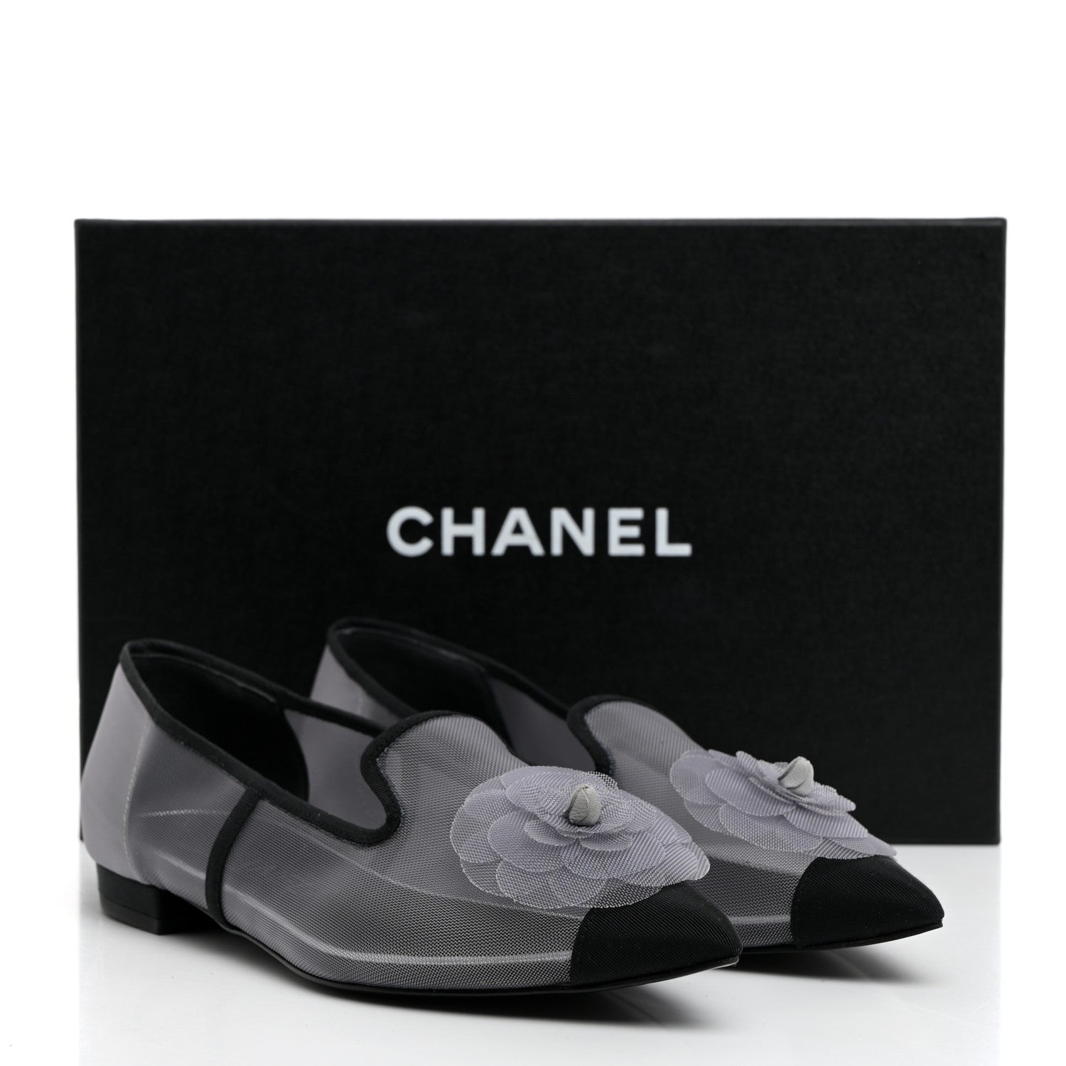 Chanel Mesh Grosgrain Camellia Mocassin Loafers 36 Grey Black 8 of 8