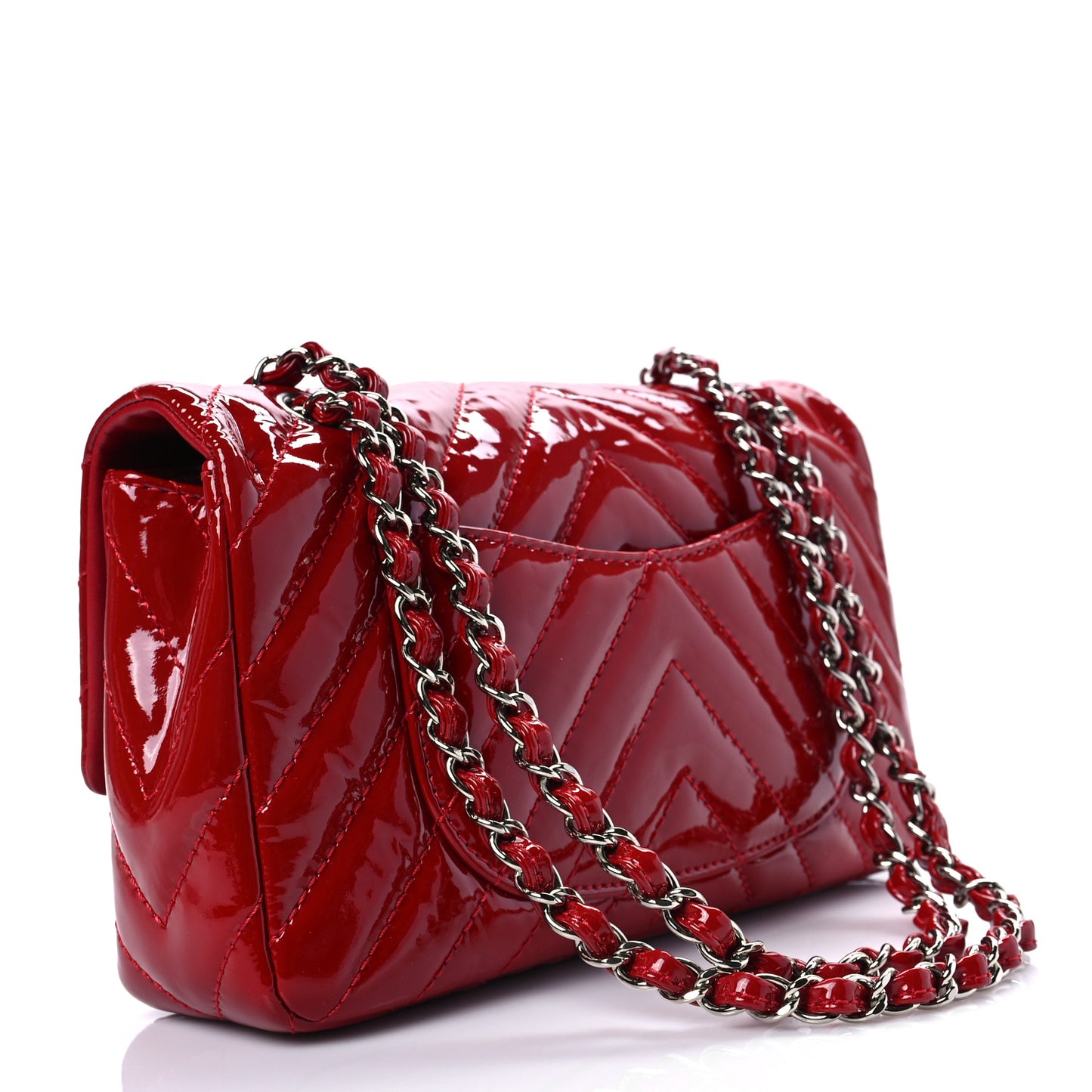 Patent Chevron Quilted Medium Single Flap Red