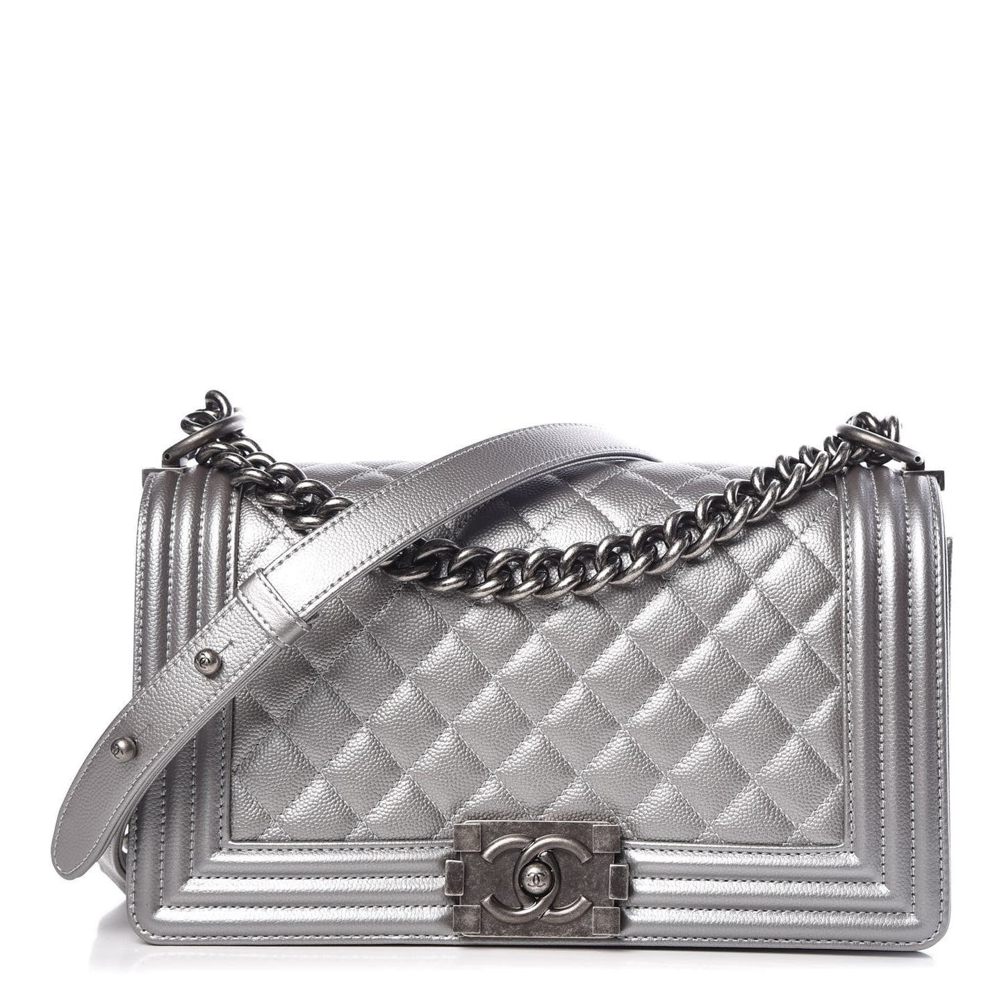 Metallic Caviar Quilted Medium Boy Flap Silver