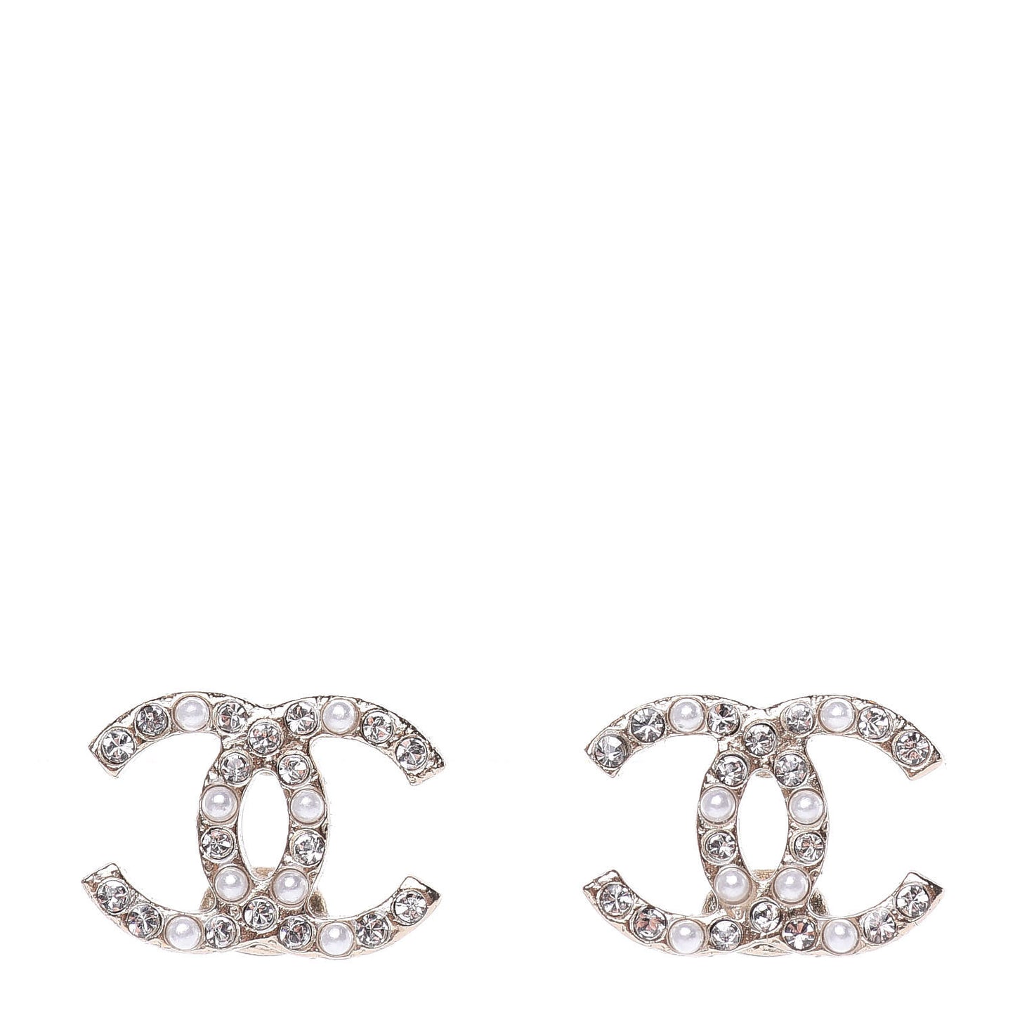 Pearl Crystal CC Charms Stud Earrings Light Gold