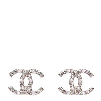 Chanel Pearl Crystal CC Charms Stud Earrings Light Gold 1 of 5