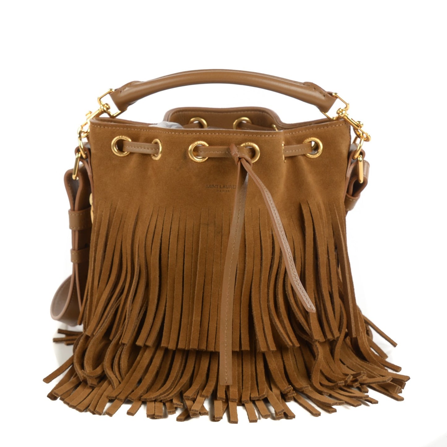 Suede Calfskin Small Emmanuelle Fringe Bucket Bag Ocher