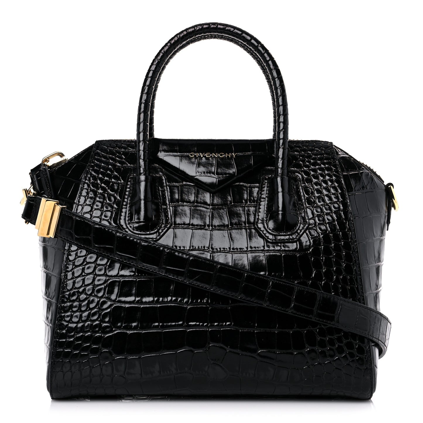 Calfskin Crocodile Embossed Small Antigona Black