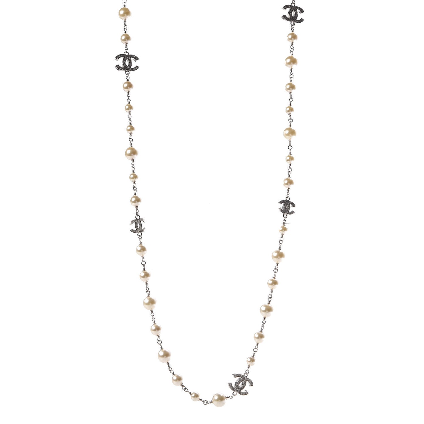 Crystal Pearl CC Long Necklace Silver