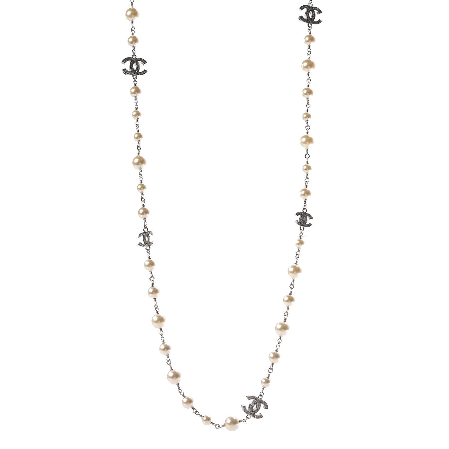 Chanel Crystal Pearl CC Long Necklace Silver 1 of 5