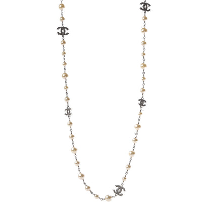 Chanel Crystal Pearl CC Long Necklace Silver 1 of 5