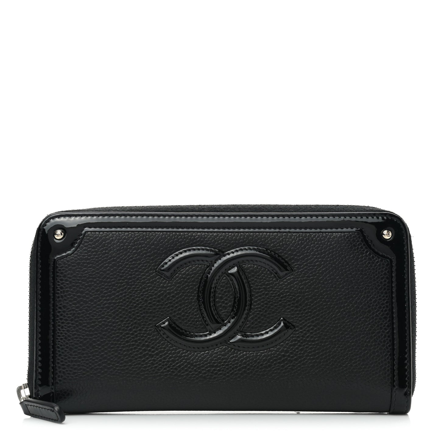Caviar Patent Small CC Contour Zip Around Wallet Black
