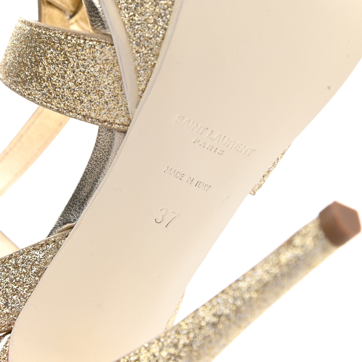 Glitter Calfskin Tribute 105 Platform Sandals 37 Gold