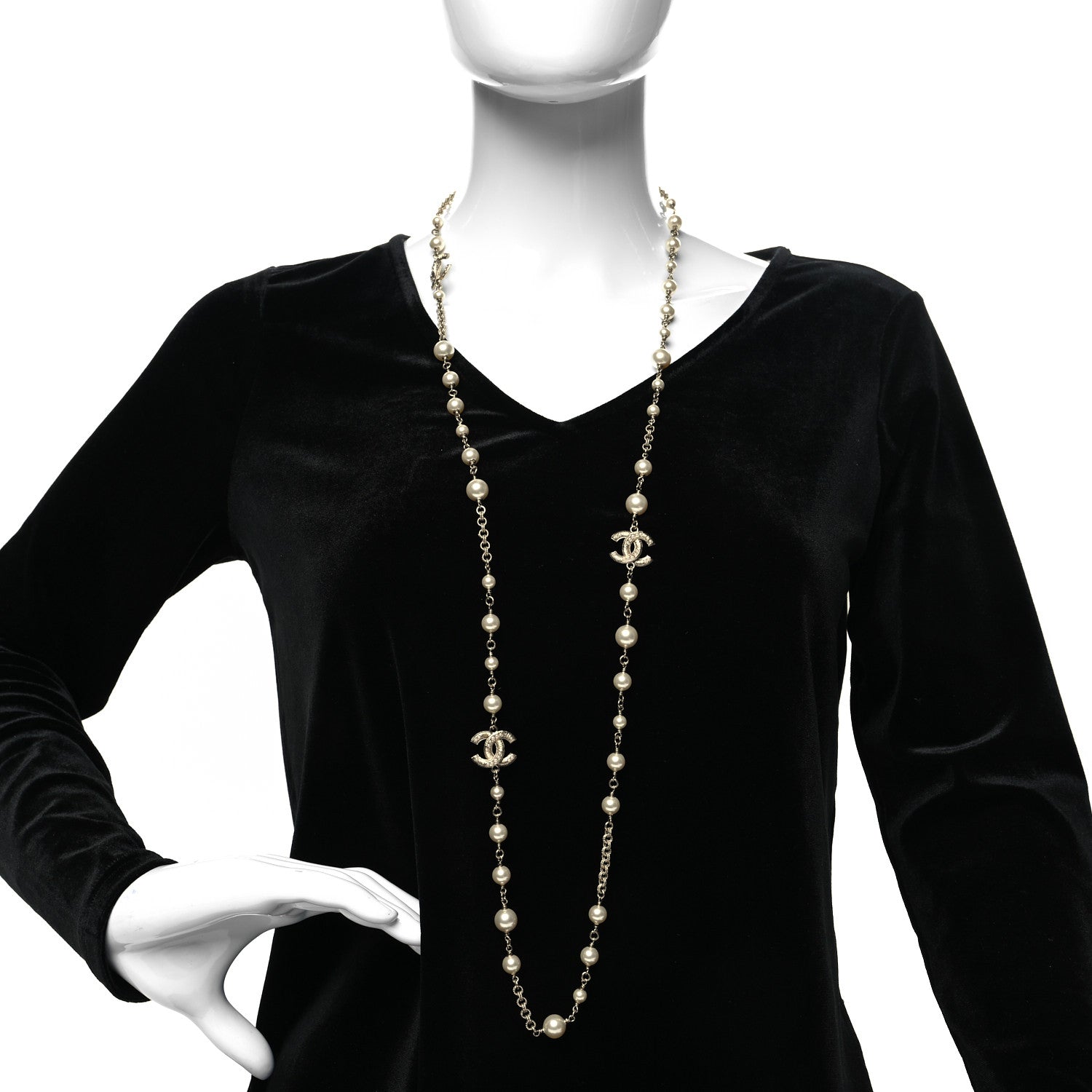 Chanel Crystal Pearl CC Long Necklace Gold 2 of 5
