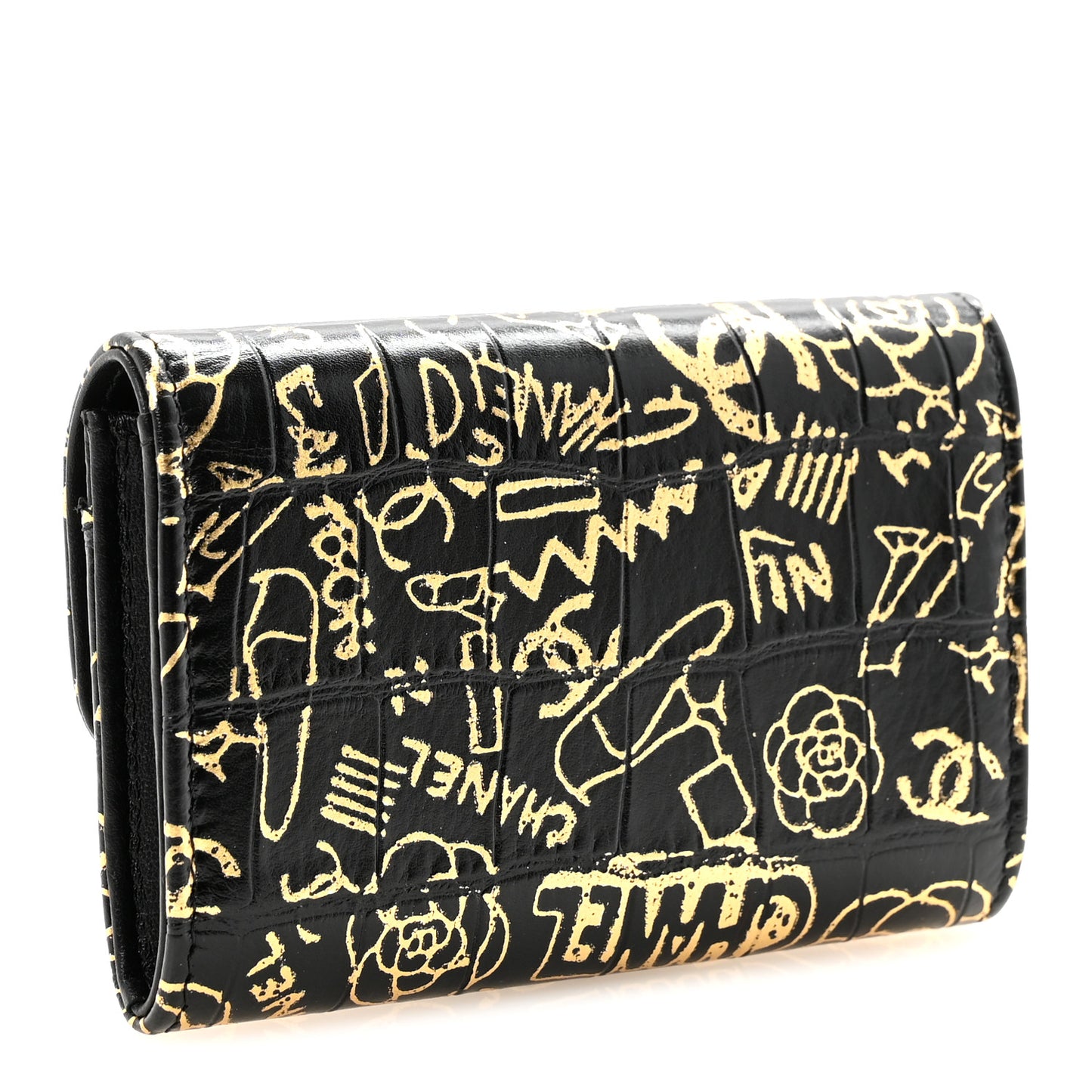 Calfskin Crocodile Embossed Graffiti 2.55 Cocodile Reissue Flap Card Holder Black Gold Black Gold