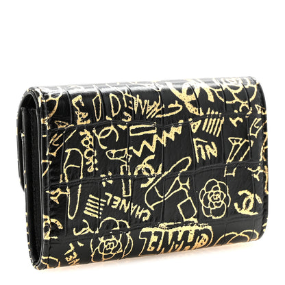 Chanel Calfskin Crocodile Embossed Graffiti 2.55 Cocodile Reissue Flap Card Holder Black Gold Black Gold 3 of 8
