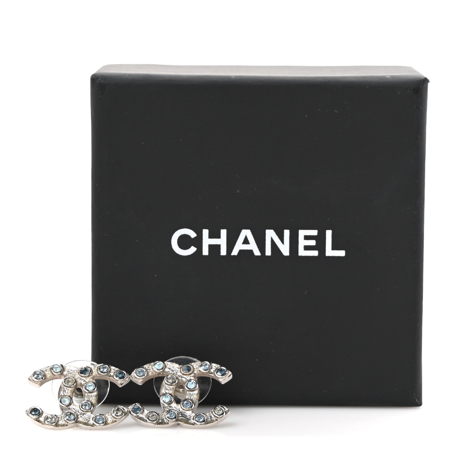 Chanel Crystal CC Earrings Silver Blue 5 of 5