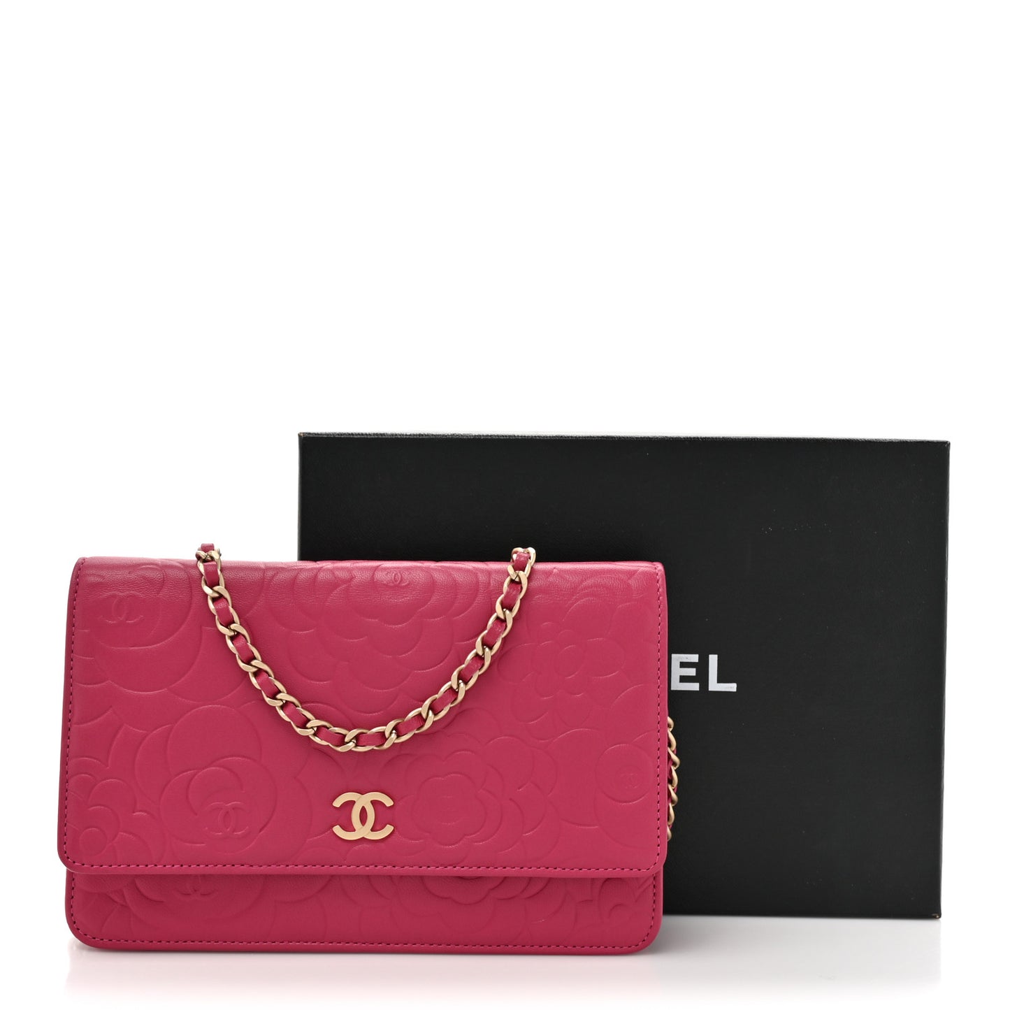 Lambskin Camellia Embossed Wallet on Chain WOC Pink