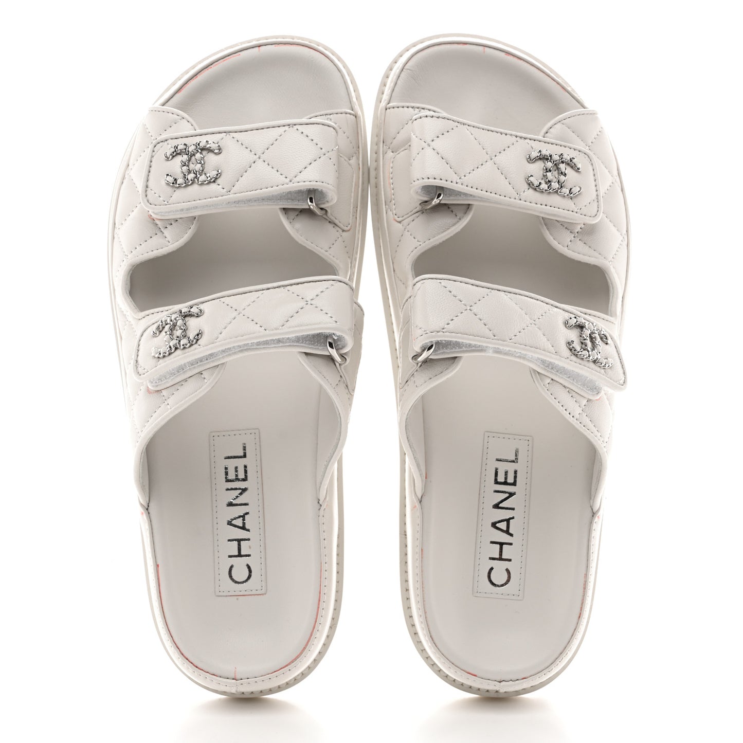 Lambskin Quilted Velcro Dad Chain CC Slide Sandals 38 White