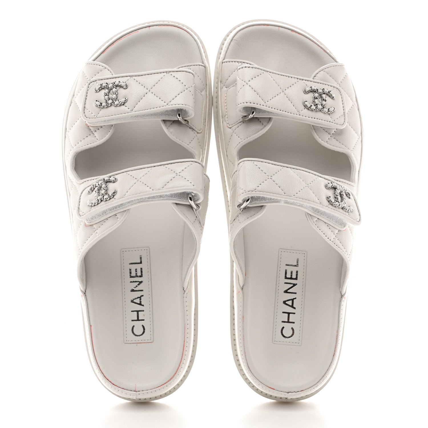Chanel Lambskin Quilted Velcro Dad Chain CC Slide Sandals 38 White 2 of 14