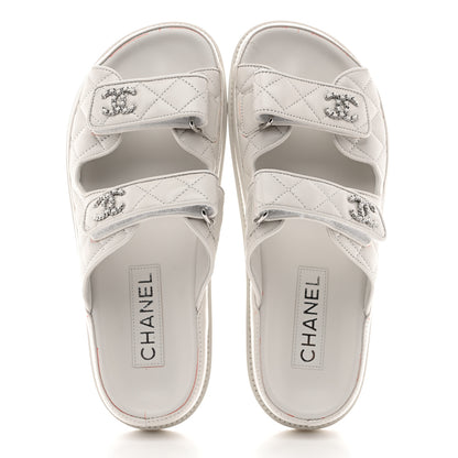 Chanel Lambskin Quilted Velcro Dad Chain CC Slide Sandals 38 White 2 of 14