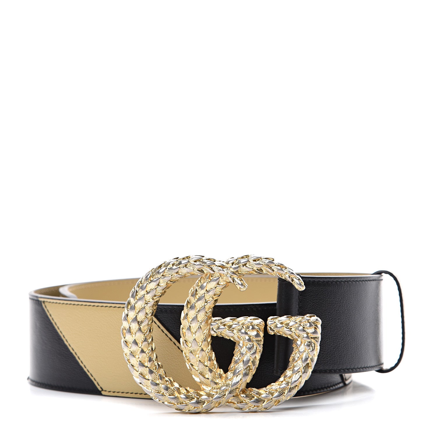 Gucci Calfskin Striped Textured Double G 50mm Belt 85 34 Black Beige 1 of 6