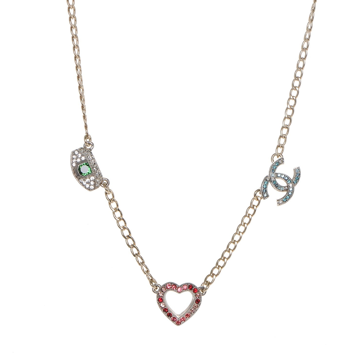 Chanel Crystal Eye Heart CC Charm Necklace Gold Silver 1 of 4