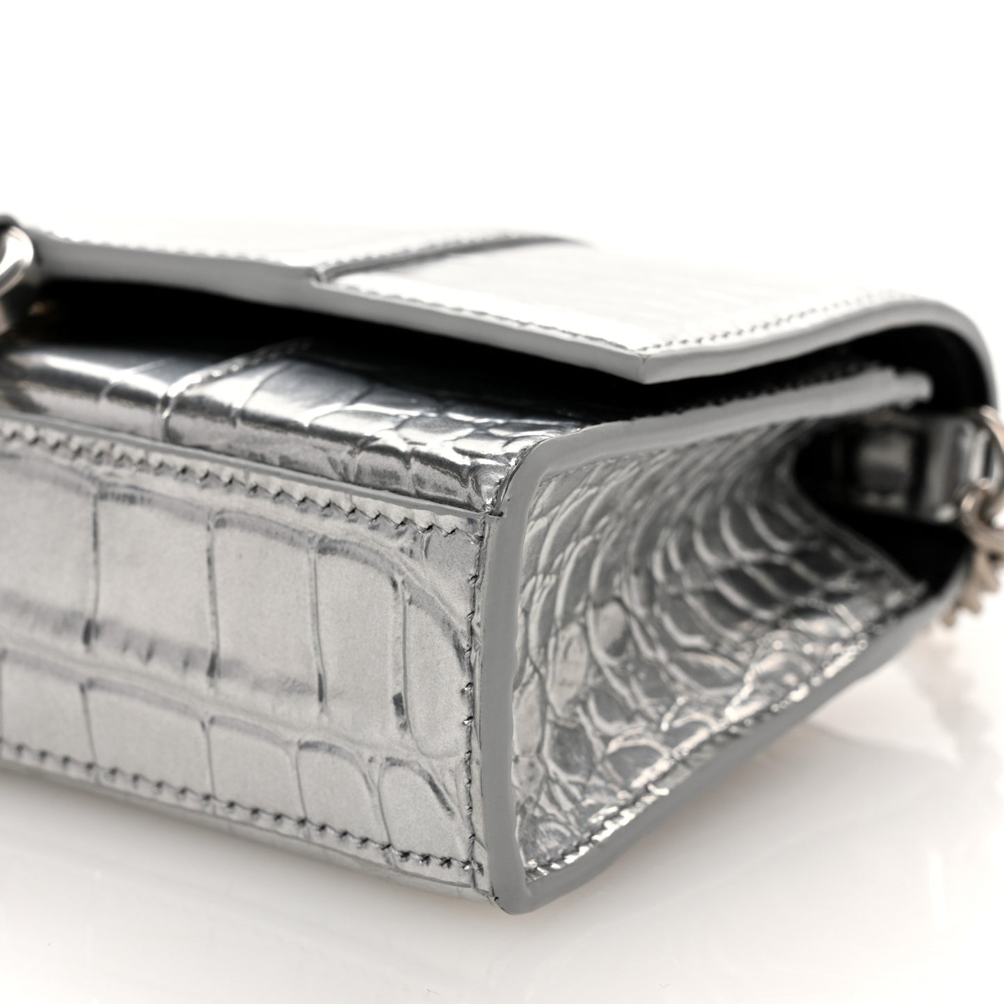 Metallic Calfskin Crocodile Embossed Hourglass Chain Bag Silver