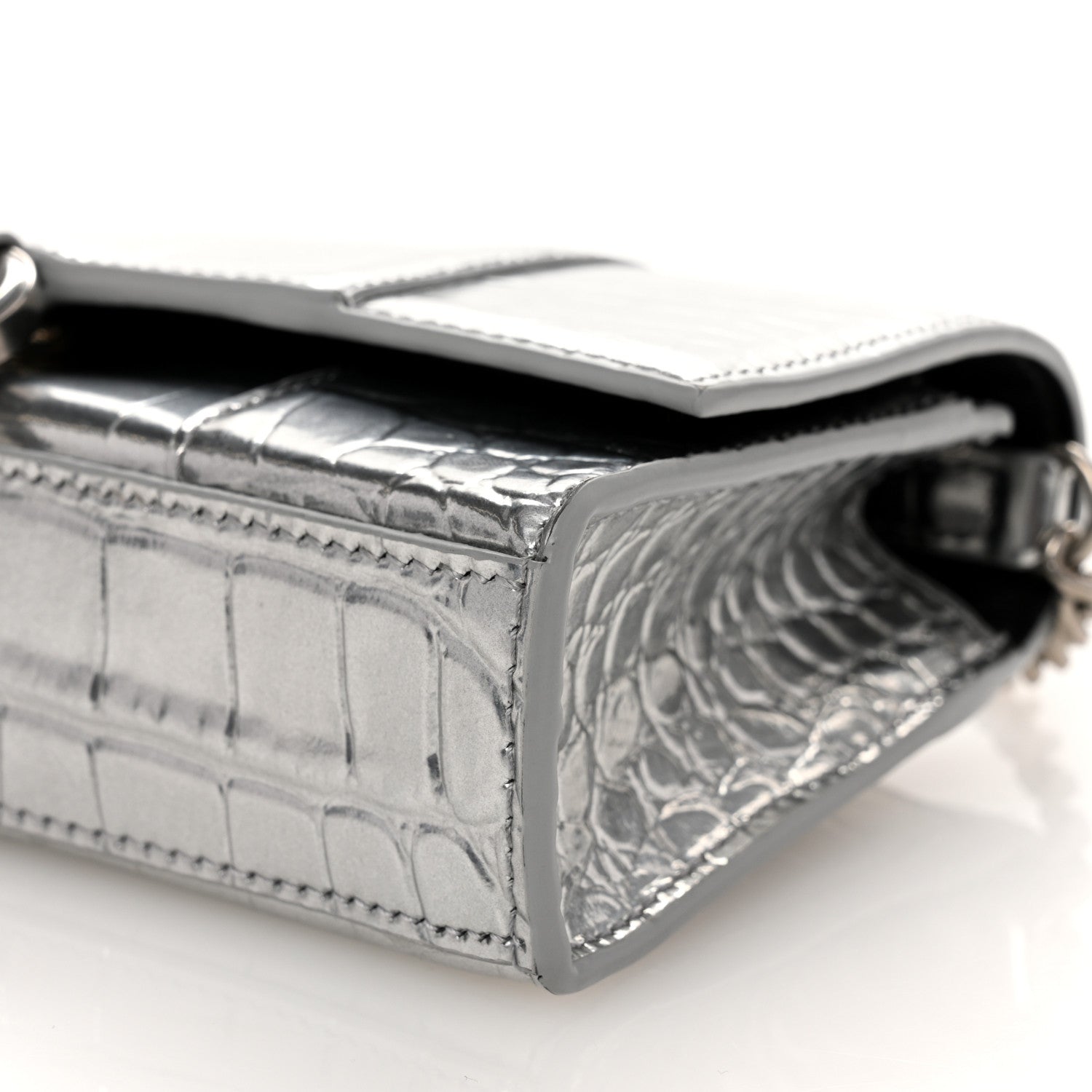 Balenciaga Metallic Calfskin Crocodile Embossed Hourglass Chain Bag Silver 9 of 10