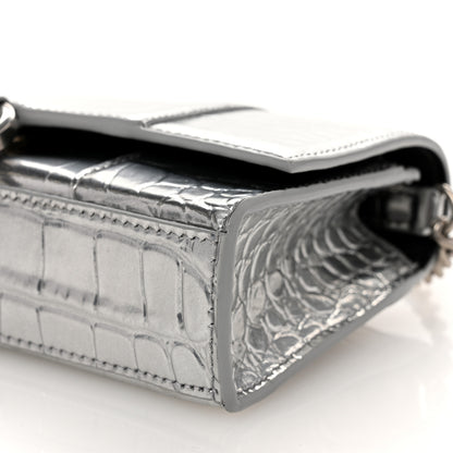 Balenciaga Metallic Calfskin Crocodile Embossed Hourglass Chain Bag Silver 9 of 10
