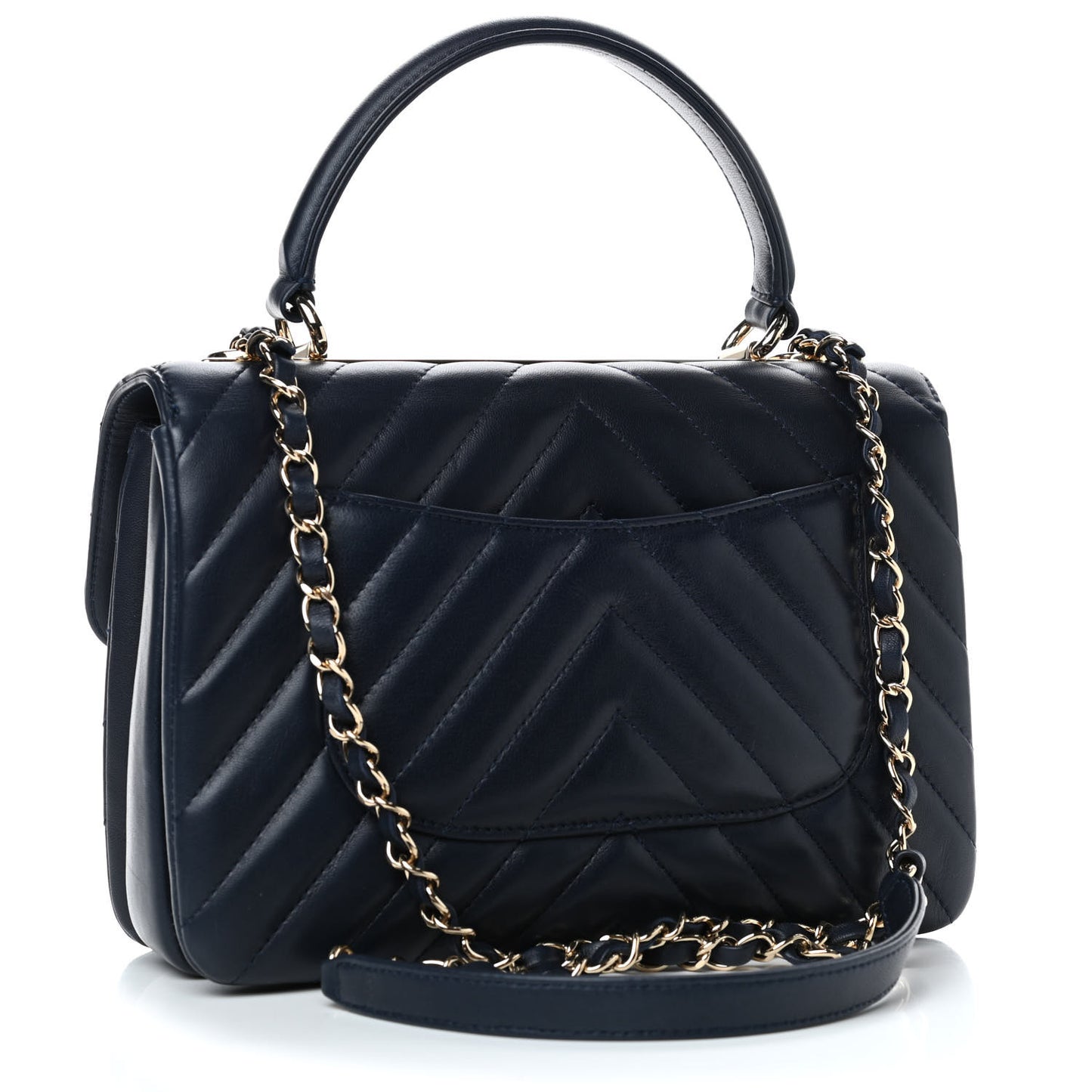 Lambskin Chevron Quilted Small Trendy CC Flap Dual Handle Bag Navy