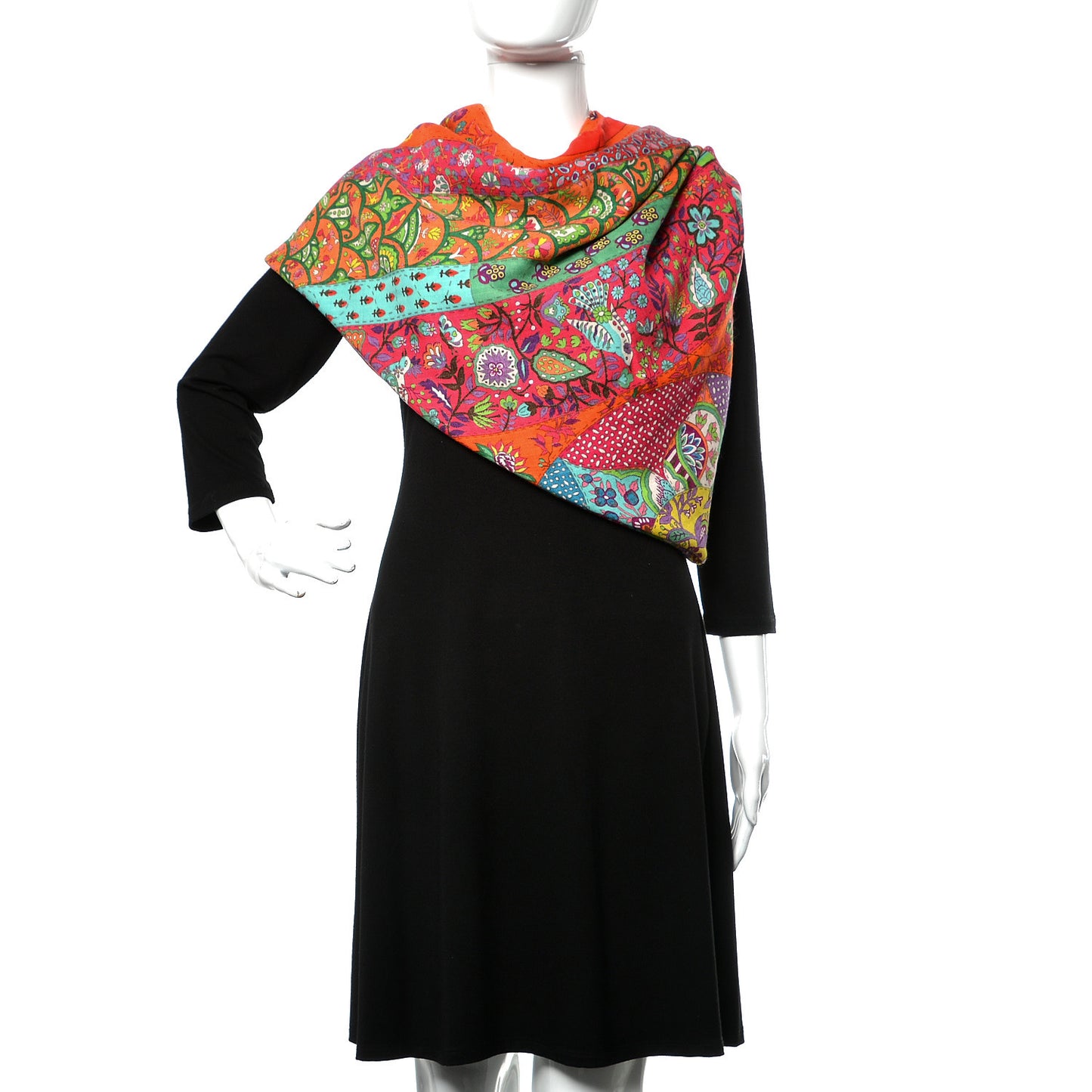 Cashmere Silk Pique Fleuri de Provence Shawl 140 Rouge Orange Turquiose