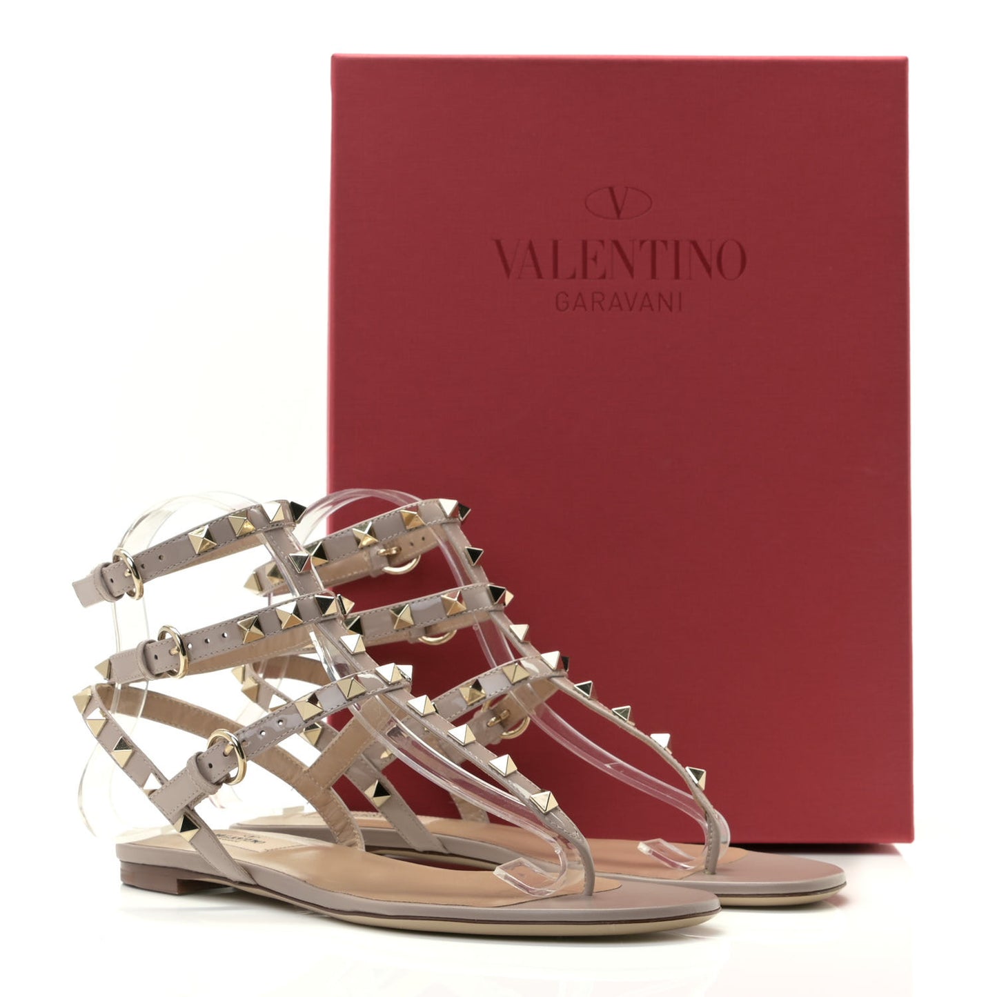 Calfskin Rockstud Ankle Wrap Flat Thong Sandals 37.5 Poudre