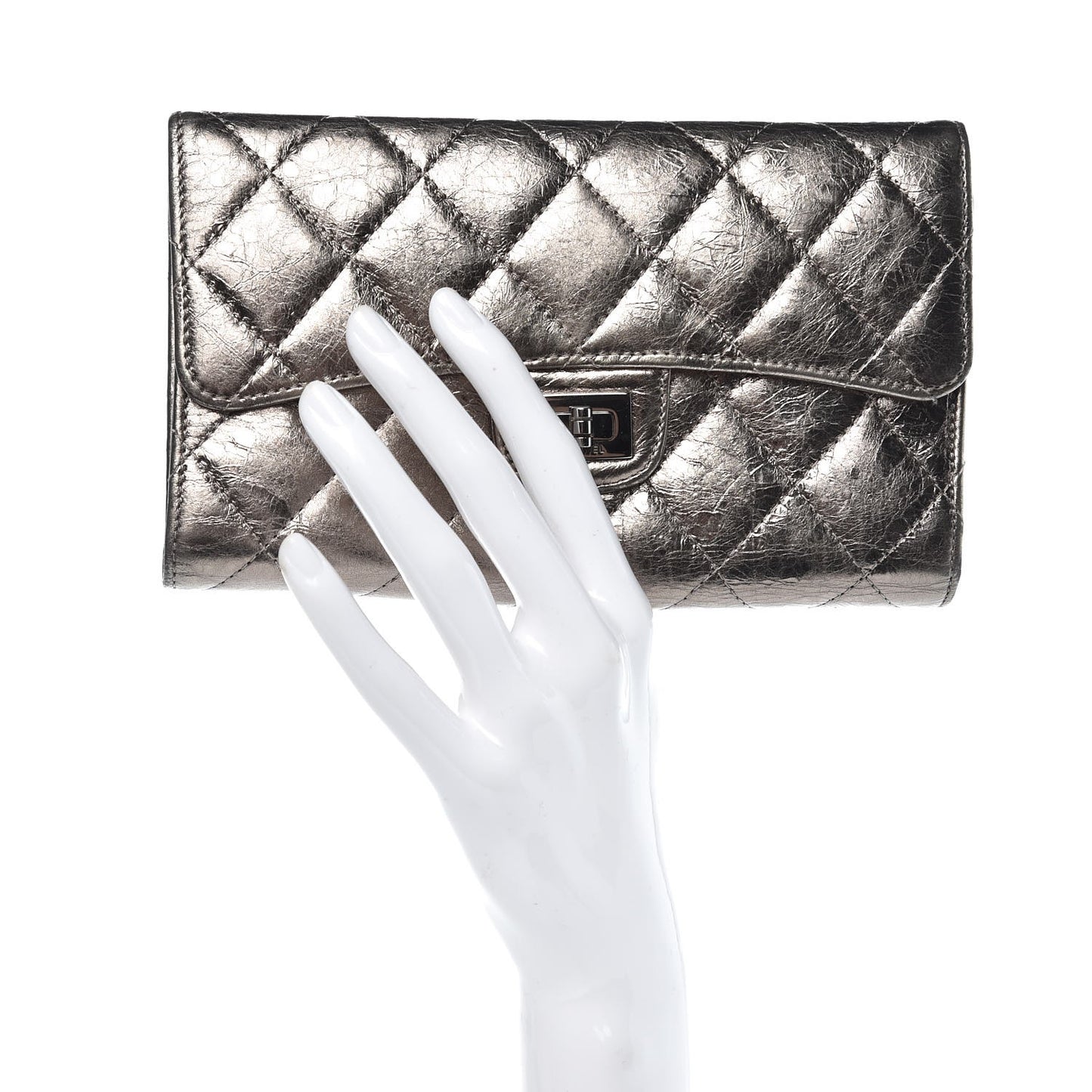 Metallic Aged Calfskin Quilted Reissue Long Flap Wallet Silver