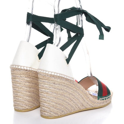 Gucci Canvas Malaga Kid Web Ankle Wrap Espadrille Wedge Sandals 40 Green Red Mystic White Emerald 4 of 11