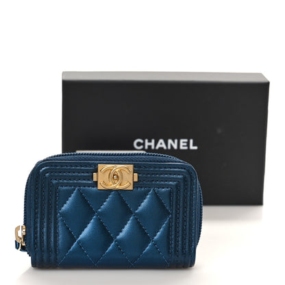 Chanel Metallic Lambskin Quilted Boy Zip Around Coin Purse Wallet Blue 9 of 9