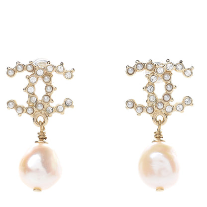 Chanel Pearl Crystal CC Drop Earrings Gold 1 of 5