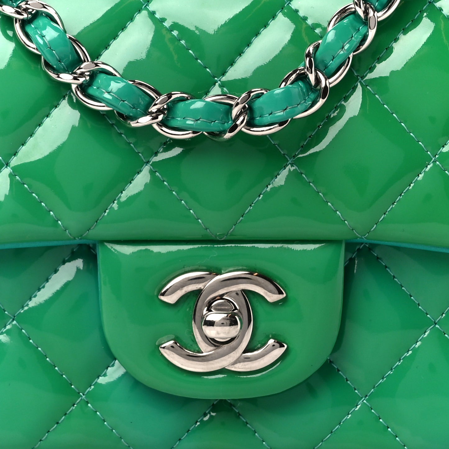 Patent Calfskin Quilted Mini Rectangular Flap Green