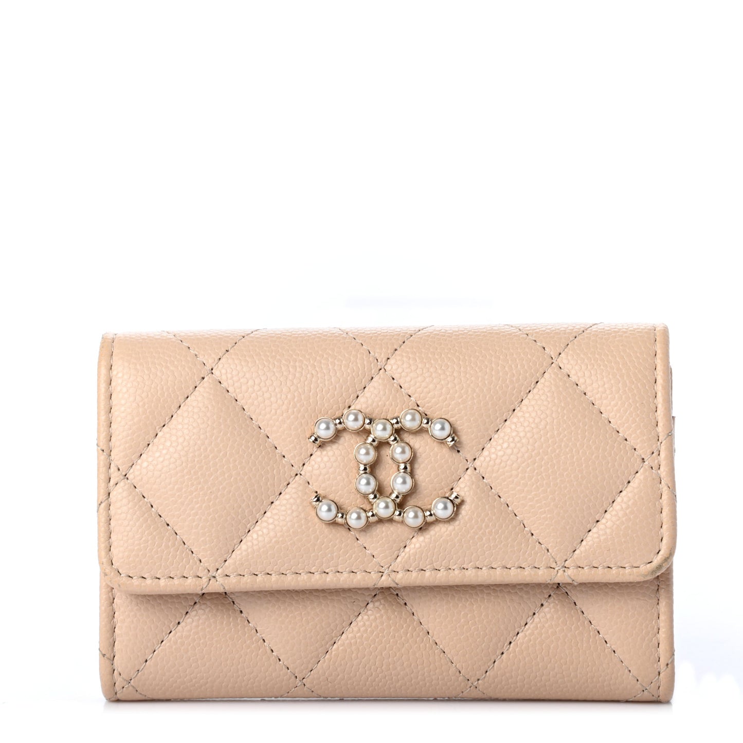 Caviar Pearl Quilted Coco Candy Flap Card Holder Beige