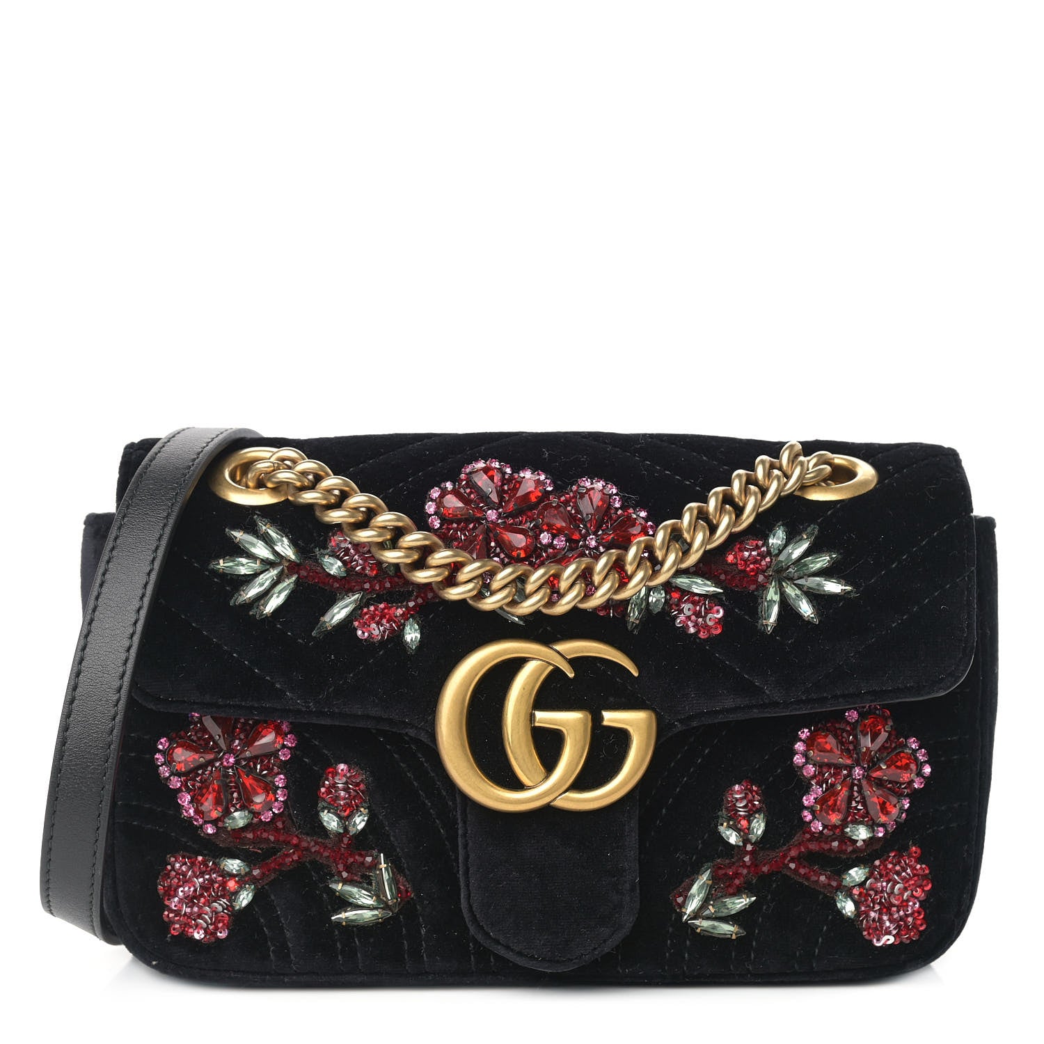 Gucci Velvet Matelasse Embroidered Mini GG Marmont Shoulder Bag Black 1 of 9