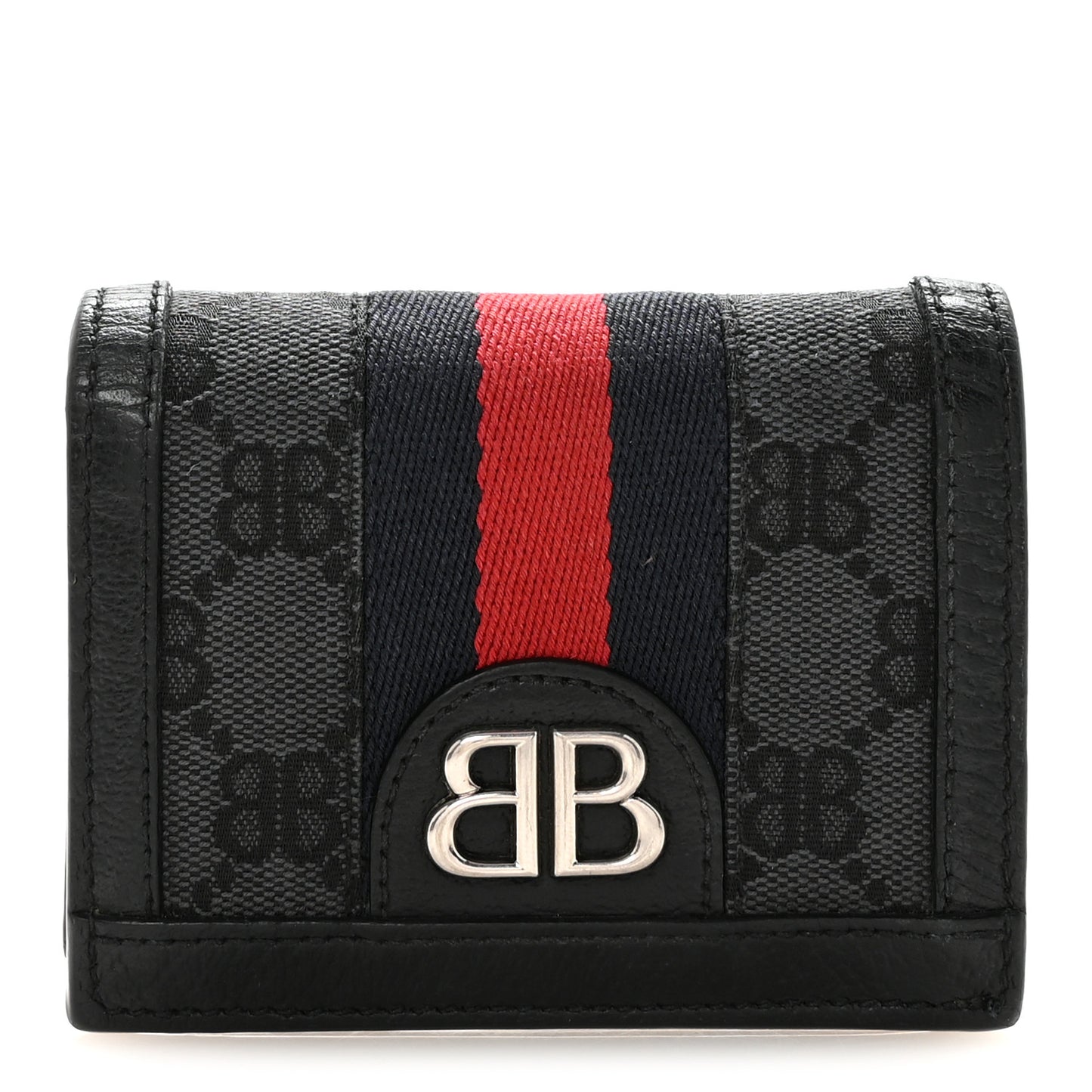 X BALENCIAGA BB Monogram Web Ophidia Card Case Wallet Black