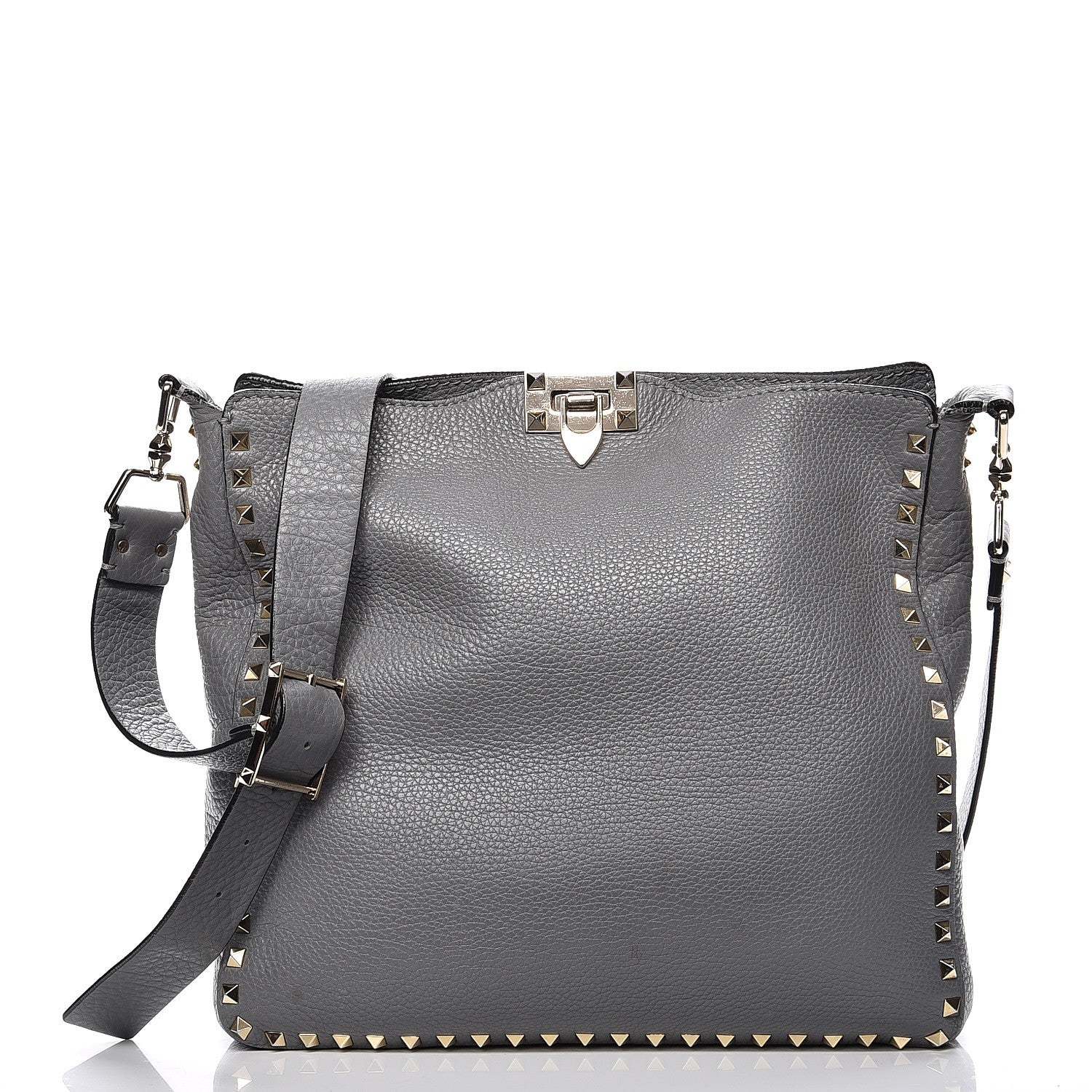 Valentino Garavani Pebbled Calfskin Large Rockstud Flip-Lock Messenger Bag Grey 1 of 14
