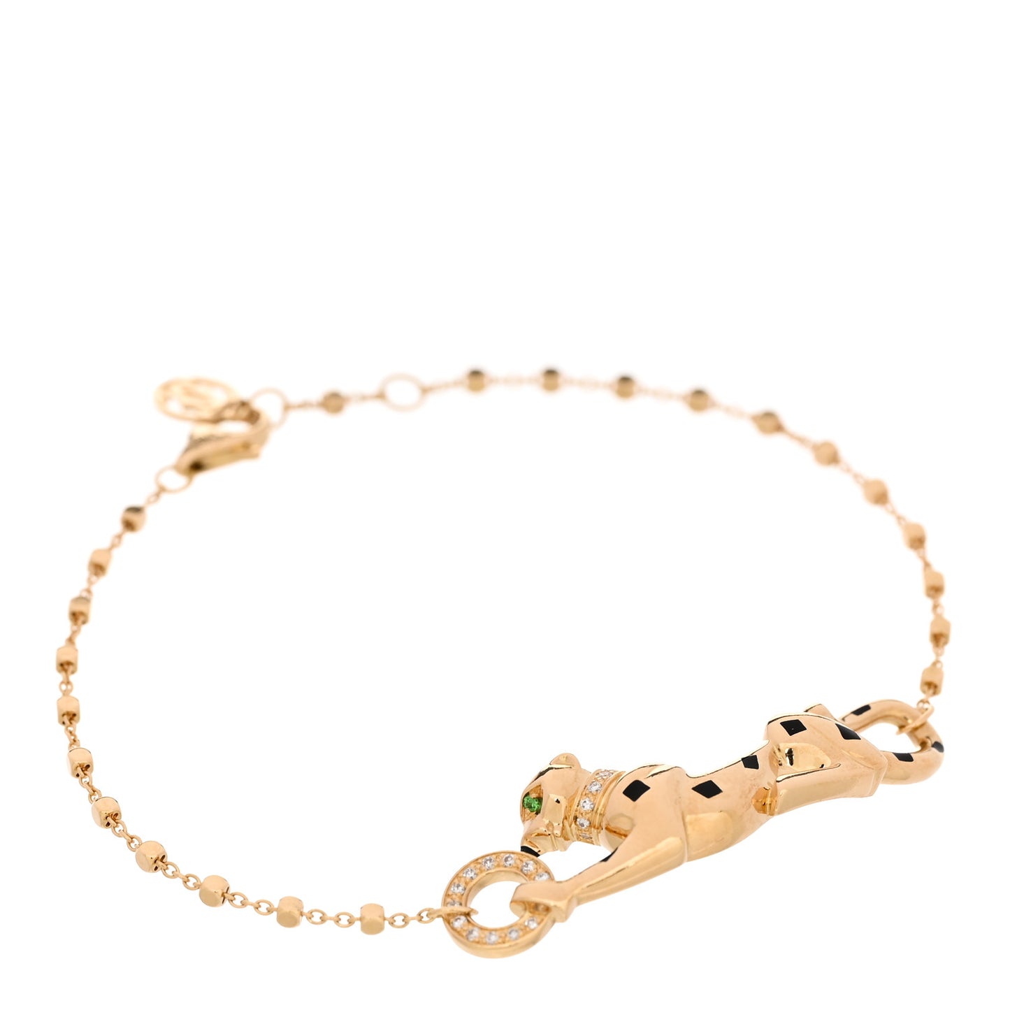 18K Yellow Gold Diamond Tsavorite Black Lacquer Panthere De Cartier Chain Bracelet