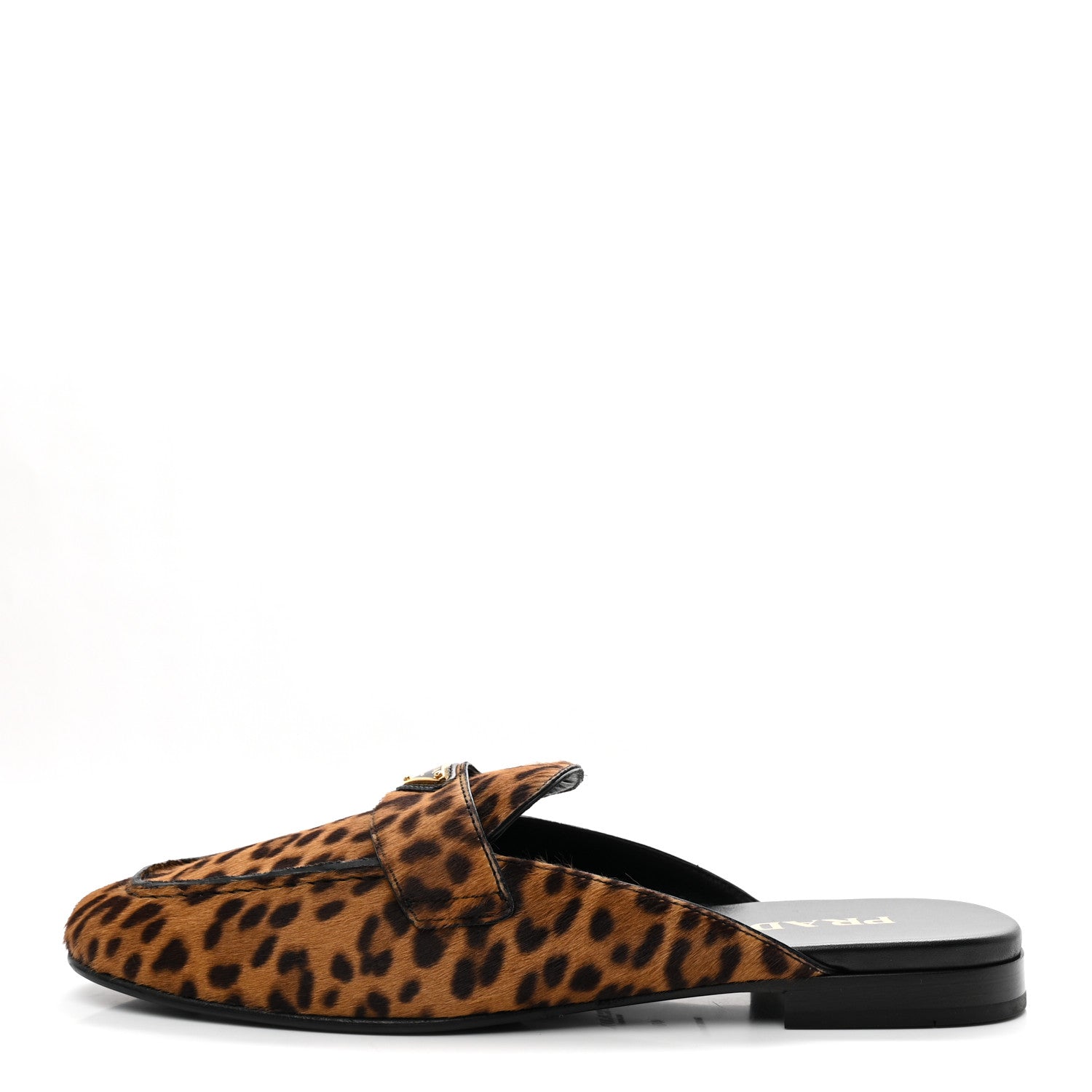 Prada Pony Hair Leopard Metal Triangle Logo 10mm Loafer Mules 40 Brown 1 of 11