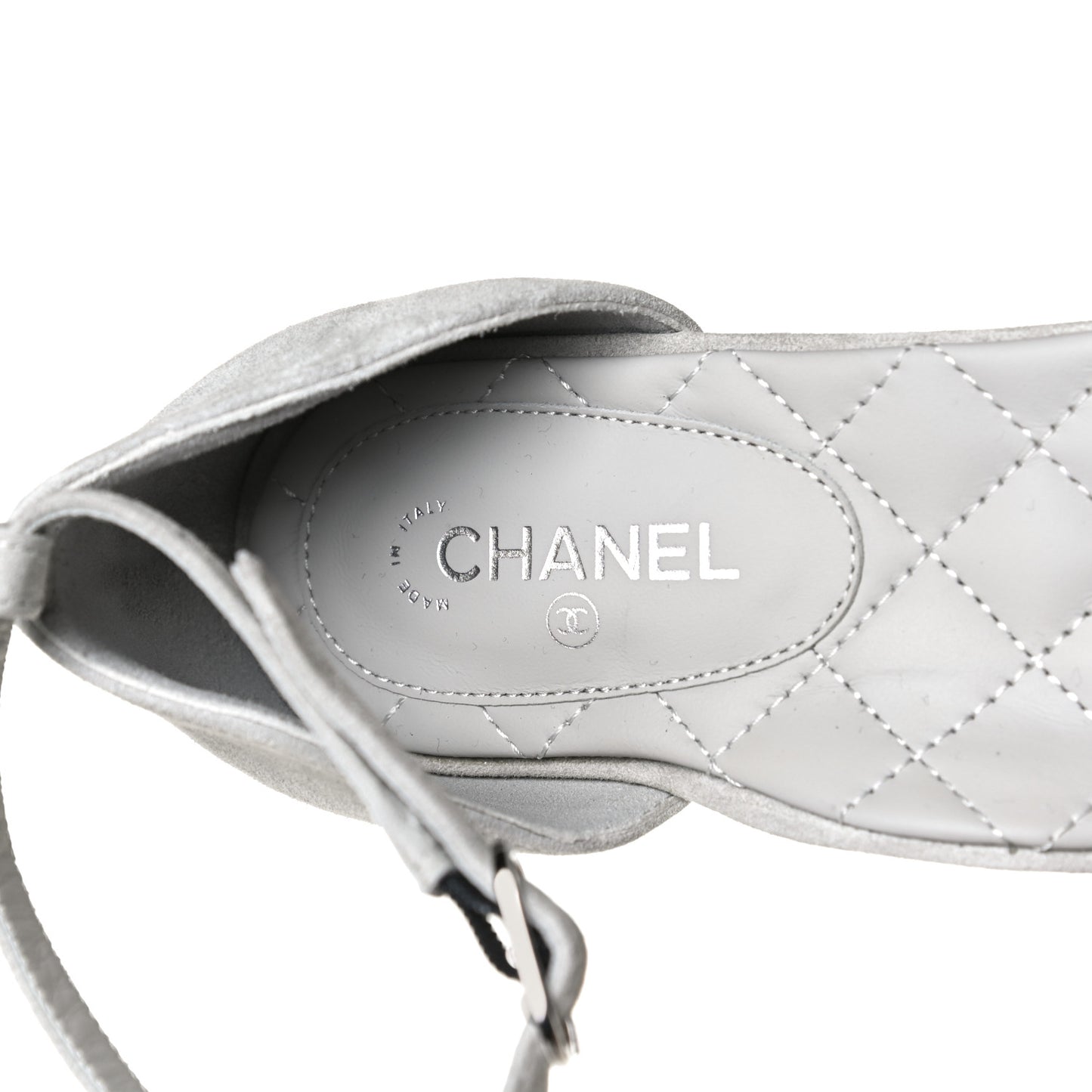 Suede Grosgrain Cap Toe CC Ankle Strap Sandals 37 Gray