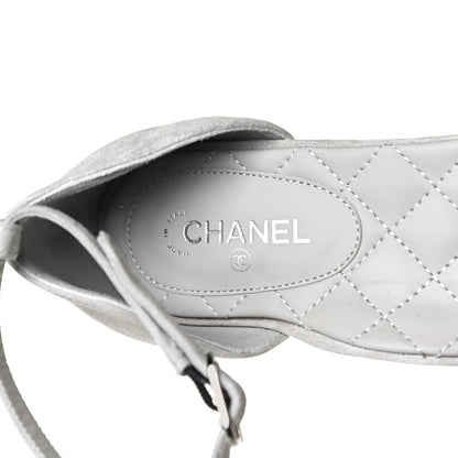 Chanel Suede Grosgrain Cap Toe CC Ankle Strap Sandals 37 Gray 9 of 13