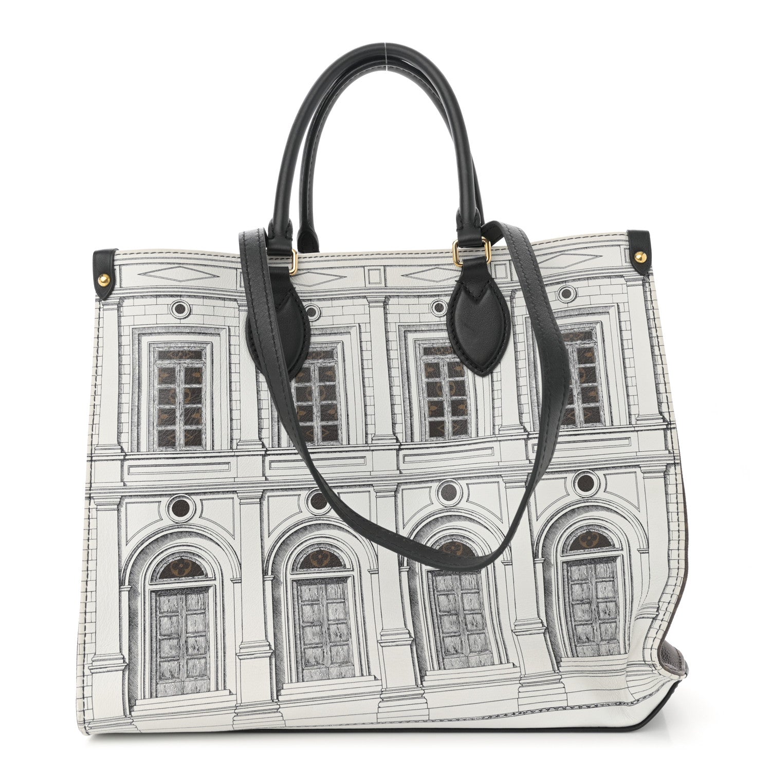 Louis Vuitton X FORNASETTI Calfskin Architettura Onthego MM Black White 1 of 12