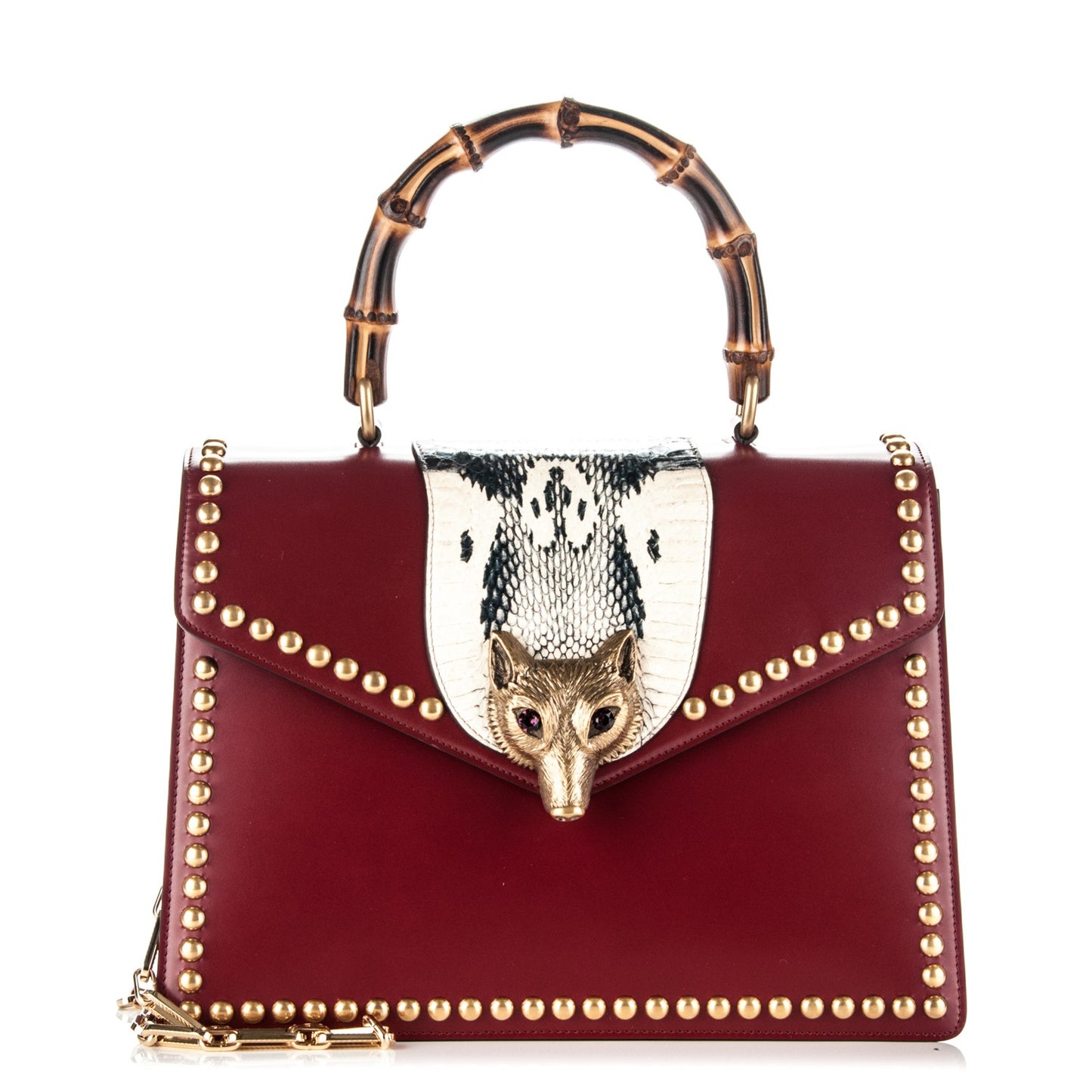 Glossy Calfskin Snakeskin Studded Fox Broche Bamboo Top Handle Bag Red