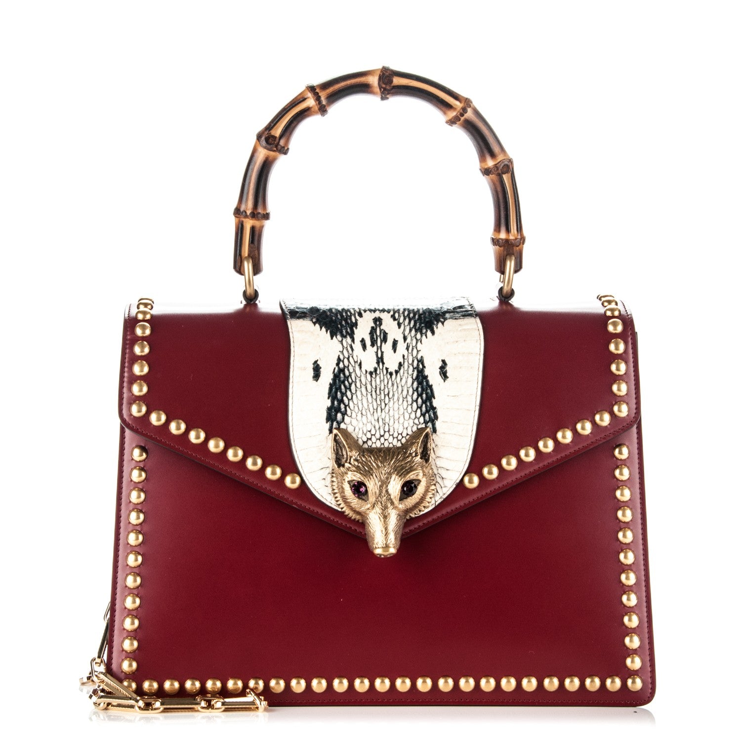 Gucci Glossy Calfskin Snakeskin Studded Fox Broche Bamboo Top Handle Bag Red 1 of 7