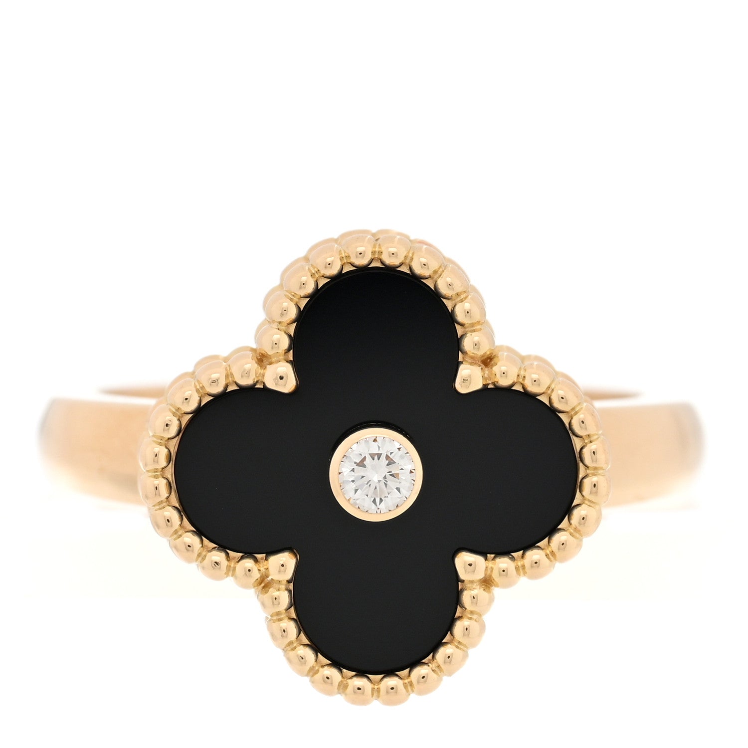 Van Cleef & Arpels 18K Yellow Gold Black Onyx Diamond Vintage Alhambra Ring 56 7.5 1 of 5