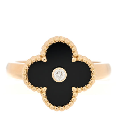 Van Cleef & Arpels 18K Yellow Gold Black Onyx Diamond Vintage Alhambra Ring 56 7.5 1 of 5